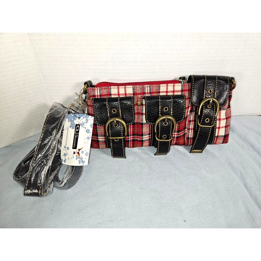 NWT Vintage Y2K CL by Laundry Red Plaid Studded Buckle Crossbody Shoulder Bag